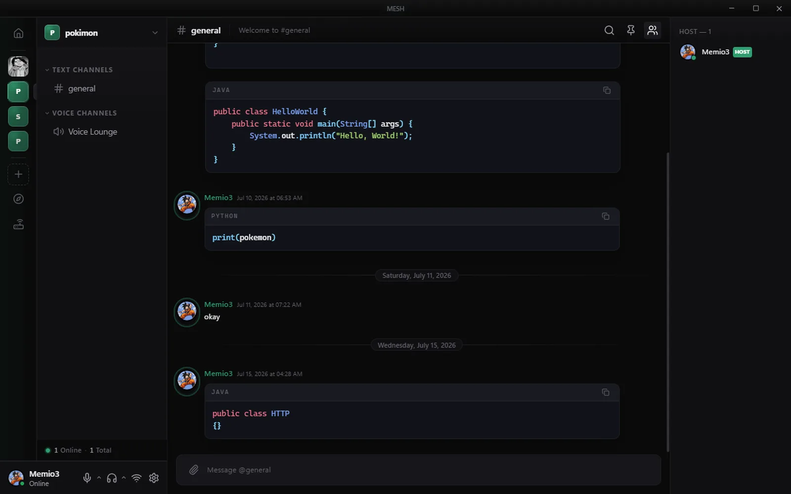 MESH — server text channel with code blocks and a host badge